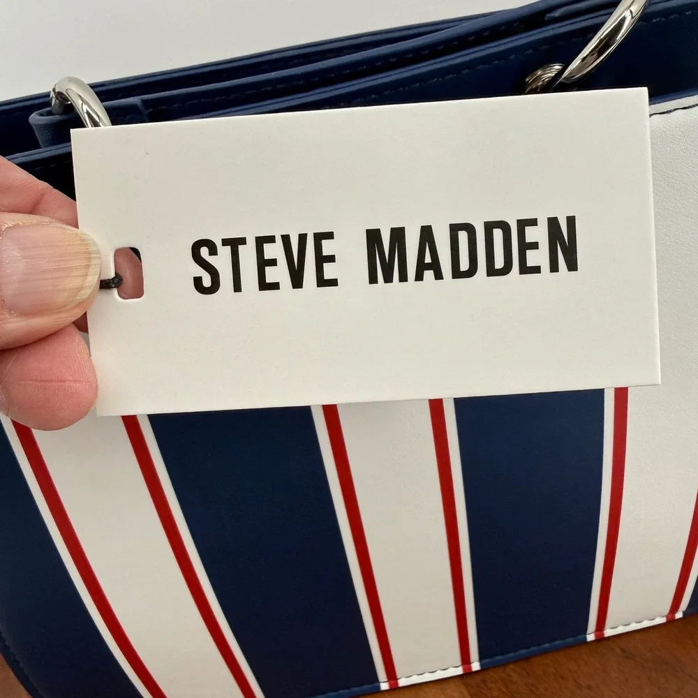 Steve Madden Bevlynn Stripe Satchel Crossbody Navy Blue Red White Star Charm NWT